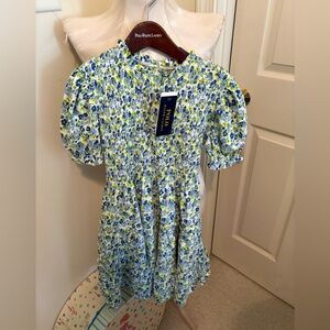 Polo Ralph Lauren Floral Puff-Sleeve Dress delightful smocked M nwt $75 bl/gr